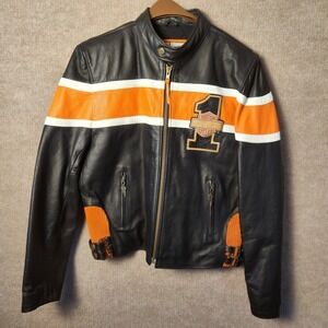 Harley Davidson Leather Motorcycle Jacket Orange White Stripe Details
